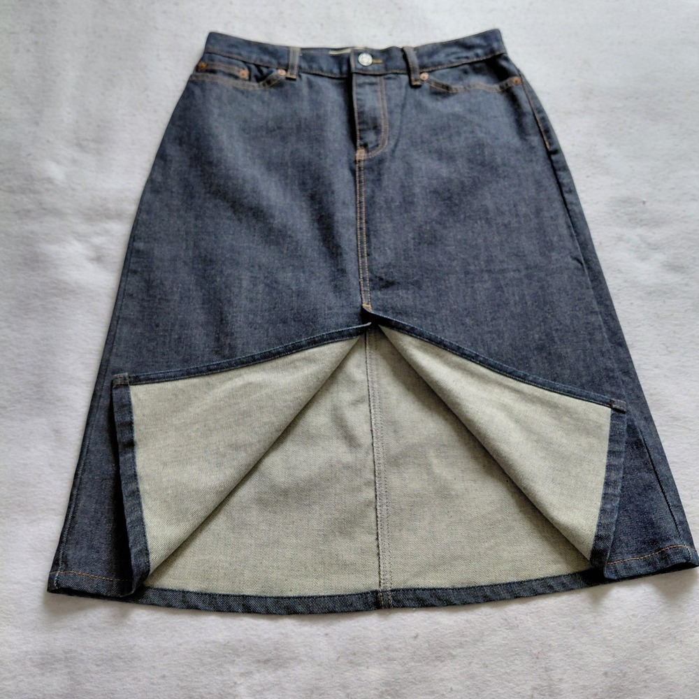 Vintage GAP Denim Skirt Women 6 Dark Blue Stretch Midi Front Slit A Line Y2K NWT